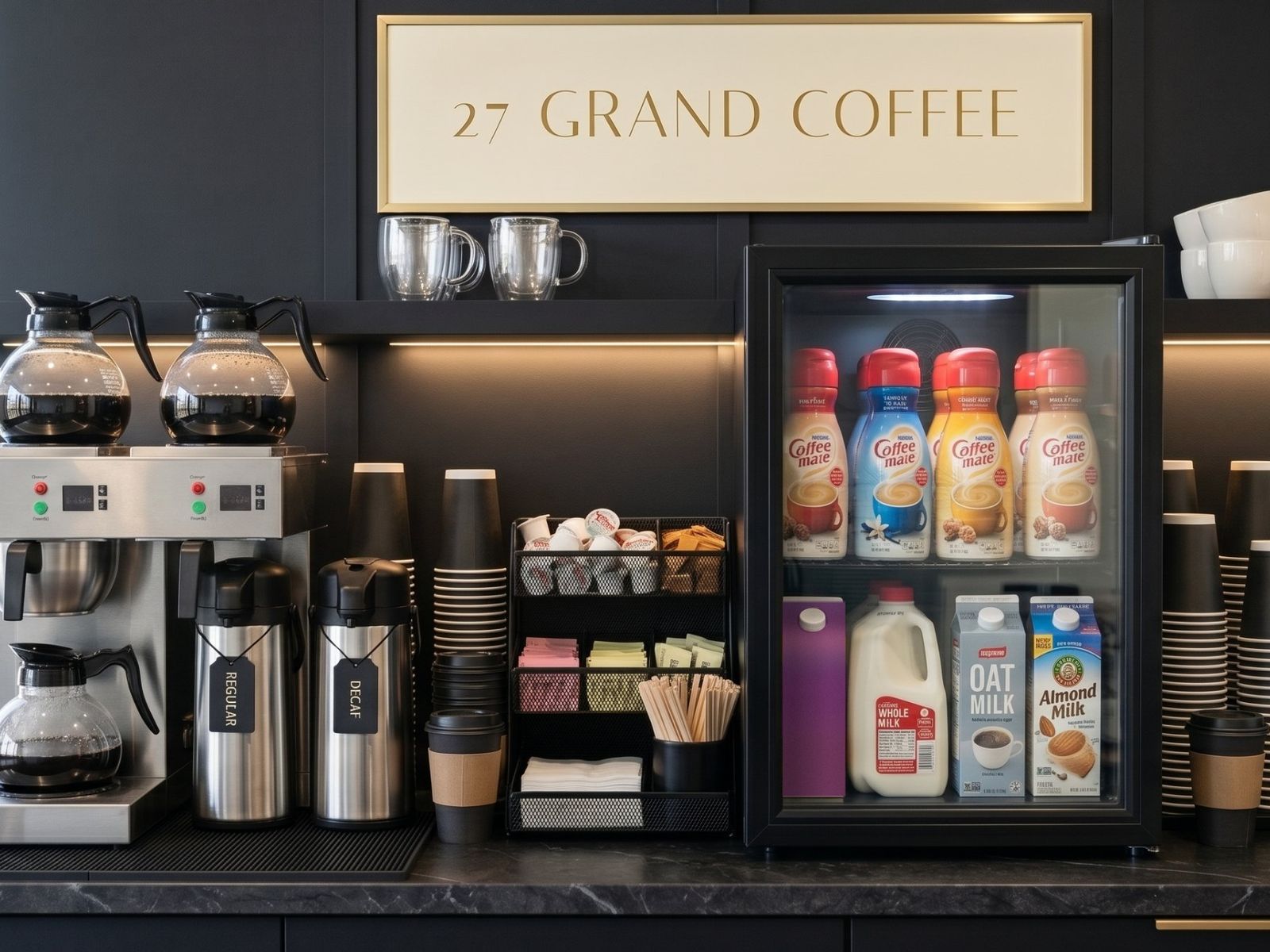 27 Grand Coffee drip station: commercial twin-warmer brewer, regular and decaf airpots, condiment caddy, and cooler stocked with creamers and milk