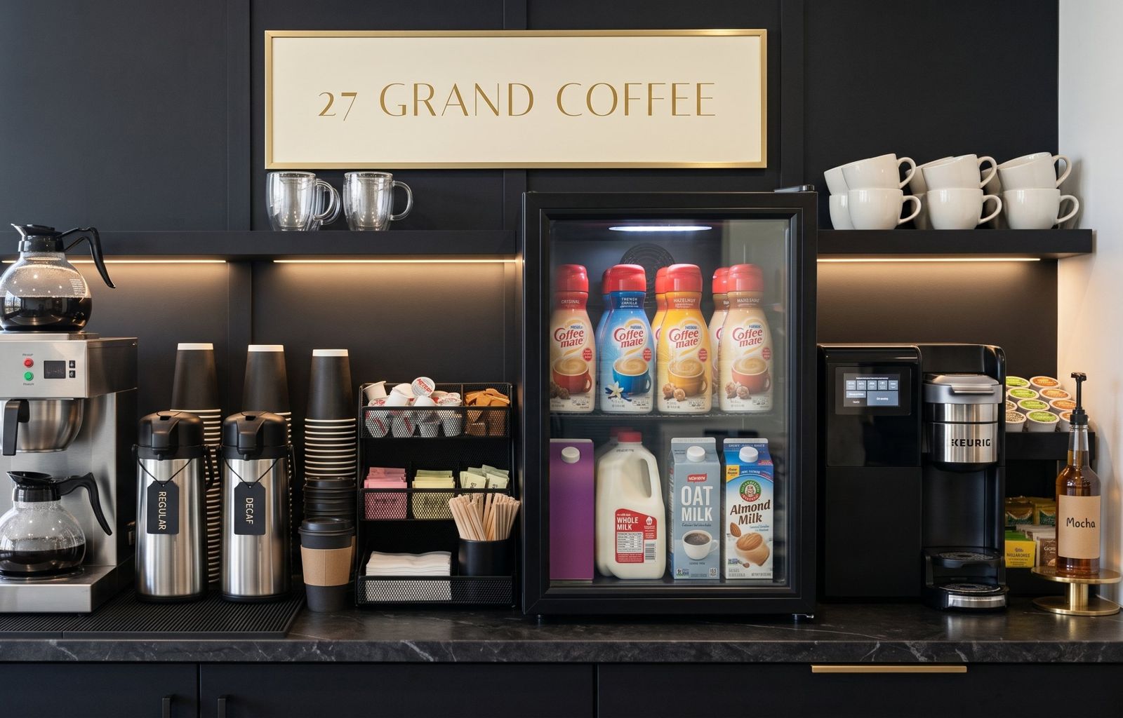 27 Grand Coffee two-station office coffee bar with commercial drip brewer, regular and decaf airpots, creamer cooler, and Keurig single-serve station