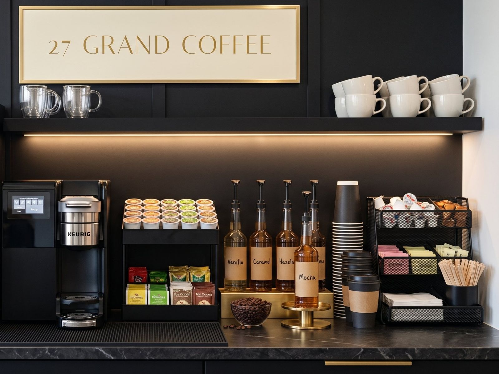 27 Grand Coffee single-serve bar: Keurig brewer, K-Cup selection, vanilla, caramel, hazelnut and mocha syrups, tea and cocoa
